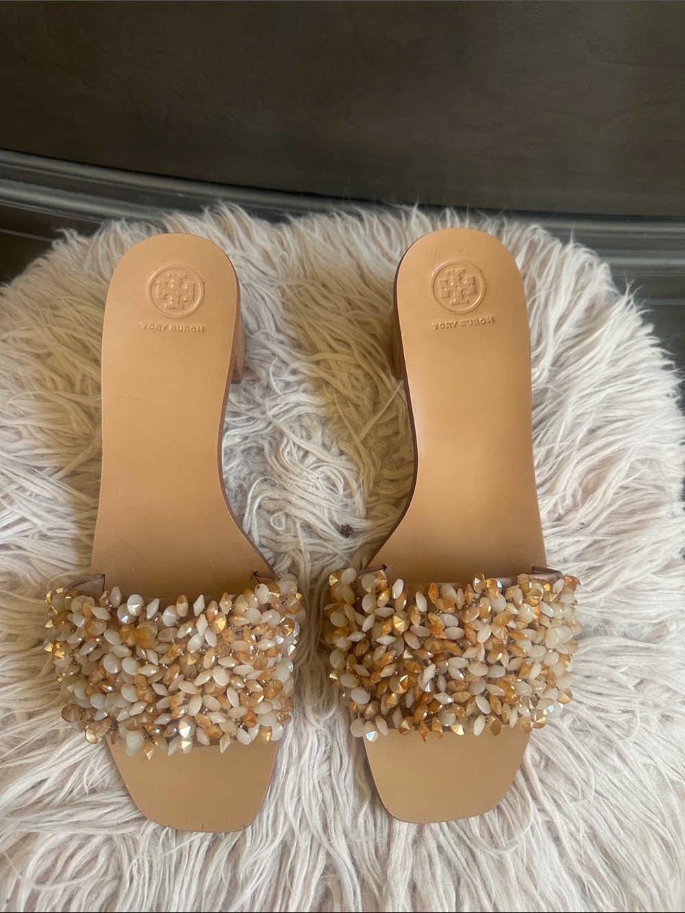 Tory Burch Tan Beaded Slide Sandals